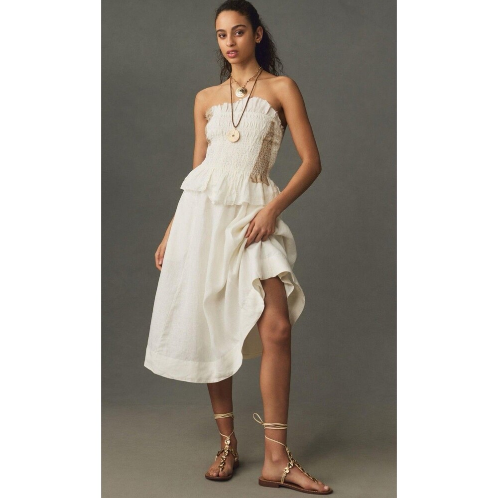 Anthropologie Midi Dress Women Ivory Linen Patchwork Smocked Preppy Boho XLP NWT